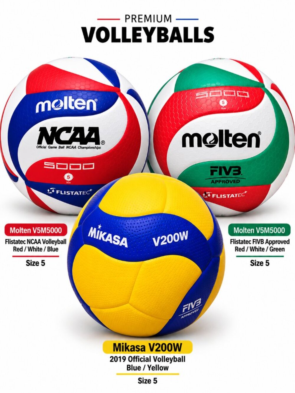 Molten V5M5000 NCAA & Mikasa V200W FIVB Volleyball Size 5 3-Pack